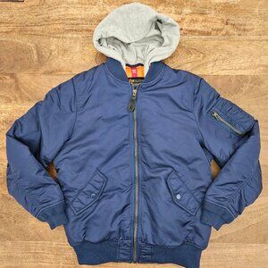 Alpha Industries Jacket Blue Youth Large 14/16 Bomber Hoodie Nylon Orange Lining